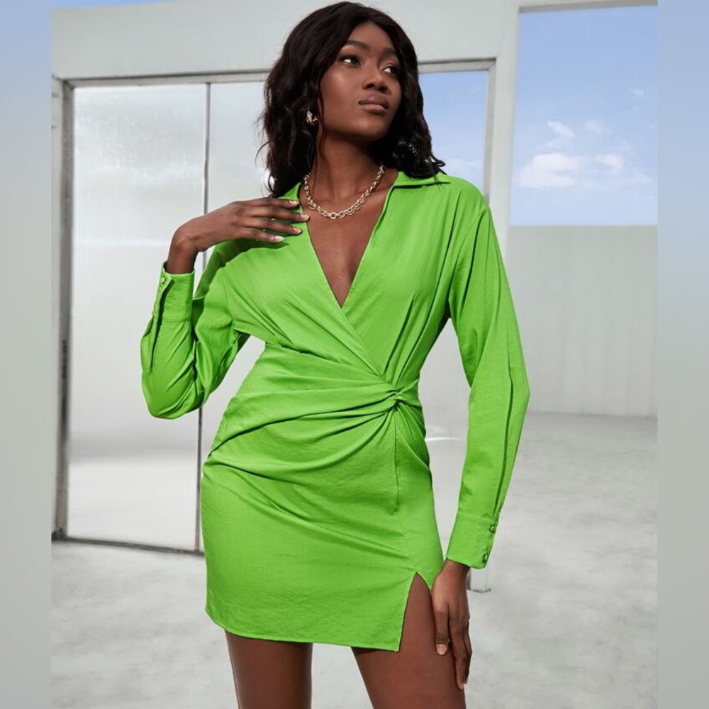 Shein Elevated Lime Green Mini Dress Twist Front Split Hem Collared Size 4 Small